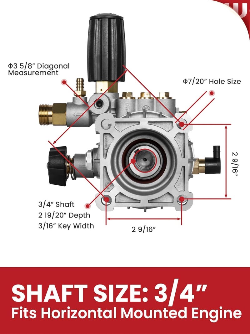 WOJET مضخة غسالة ضغط، عمود 3/4"، 3400 PSI 2.5 GPM، مضخة غسالة ضغط أفقية مع خاصية عدم التآكل، ذاتية الشفط، مجموعة مضخة غسالة ضغط بديلة لديوالت، سيمبسون، كرافتسمان، هوندا، جينيراك - Image 5
